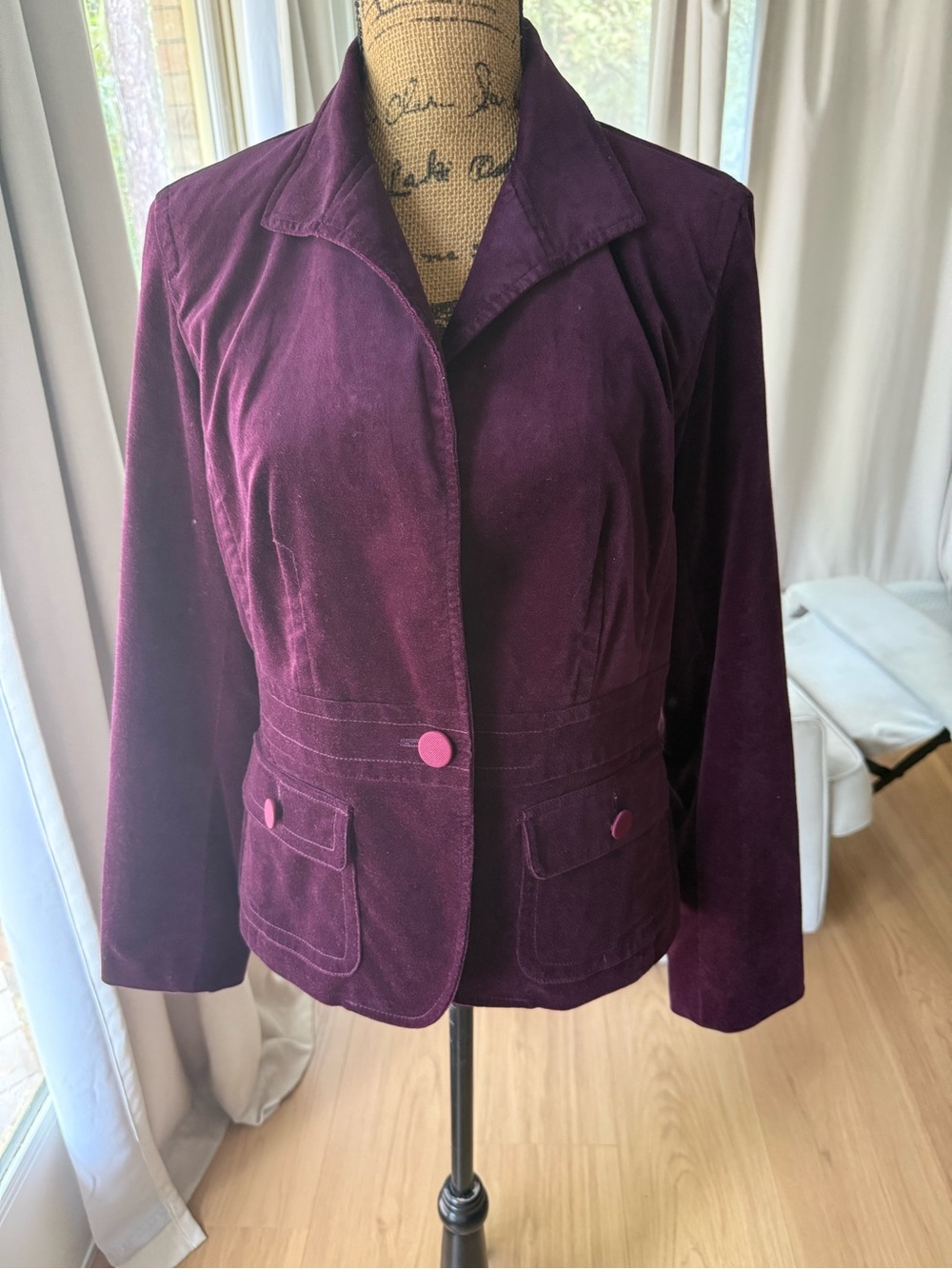 Talbots Deep Plum Velvet Blazer with Fabric Buttons